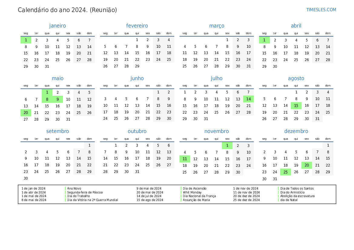 Calendário 2024 com feriados na Reunião Imprimir e baixar calendário