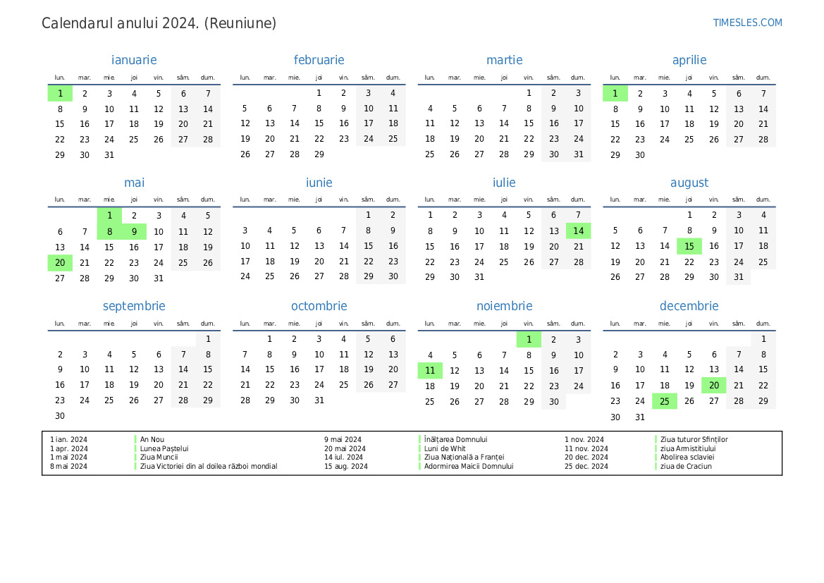 Calendar pentru anul 2024 cu sărbători în Reuniune Imprimați și