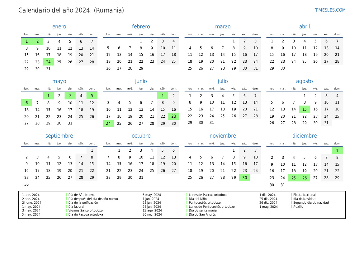 Calendario 2024 con días festivos En Rumania Imprimir y descargar