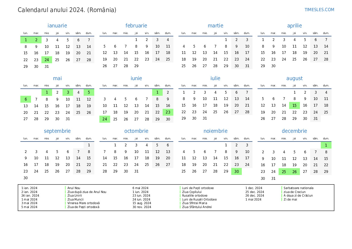 Calendar pentru anul 2024 cu sărbători in Romania Imprimați și