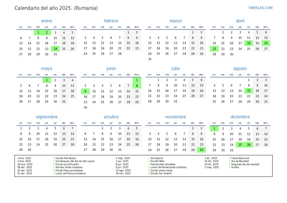 Calendario 2025 con días festivos En Rumania Imprimir y descargar