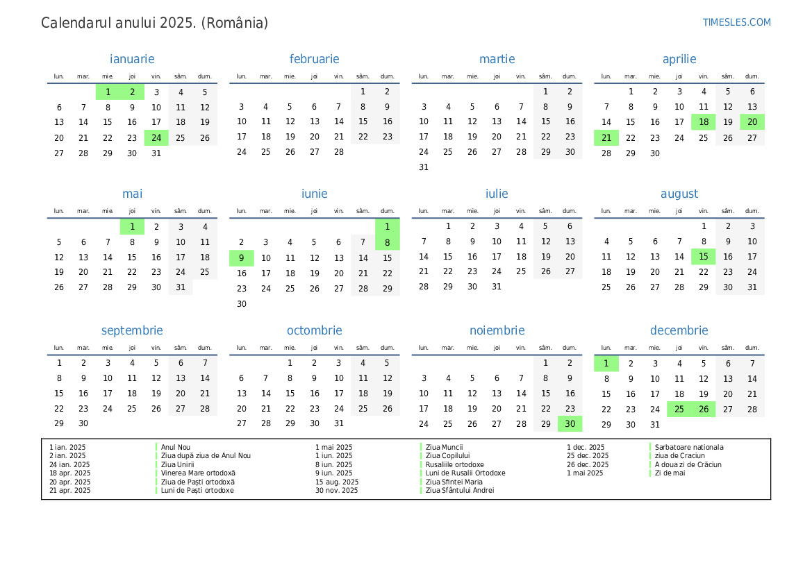 Calendar pentru anul 2025 cu sărbători in Romania Imprimați și