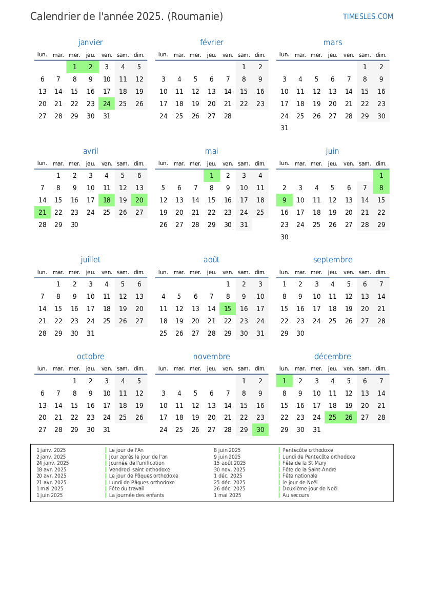 Calendrier 2025 avec jours fériés en Roumanie  Imprimer et télécharger le calendrier