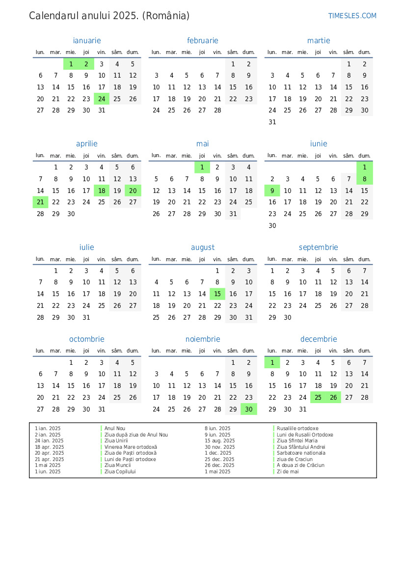 Calendar pentru anul 2025 cu sărbători in Romania Imprimați și