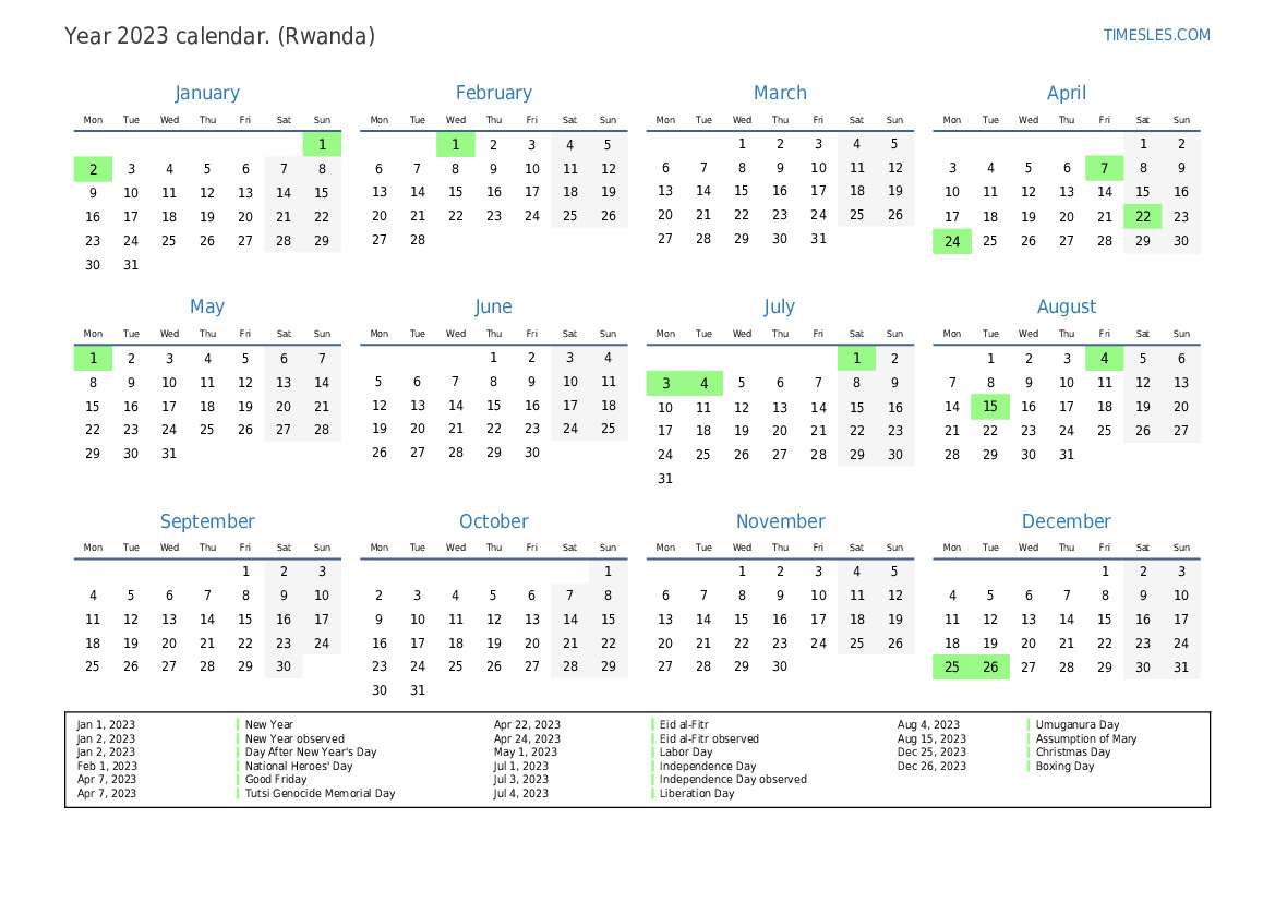 Calendar for 2023 with holidays in Rwanda | Print and download calendar