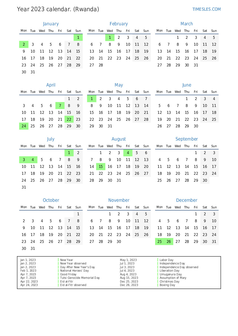 Calendar for 2023 with holidays in Rwanda Print and download calendar