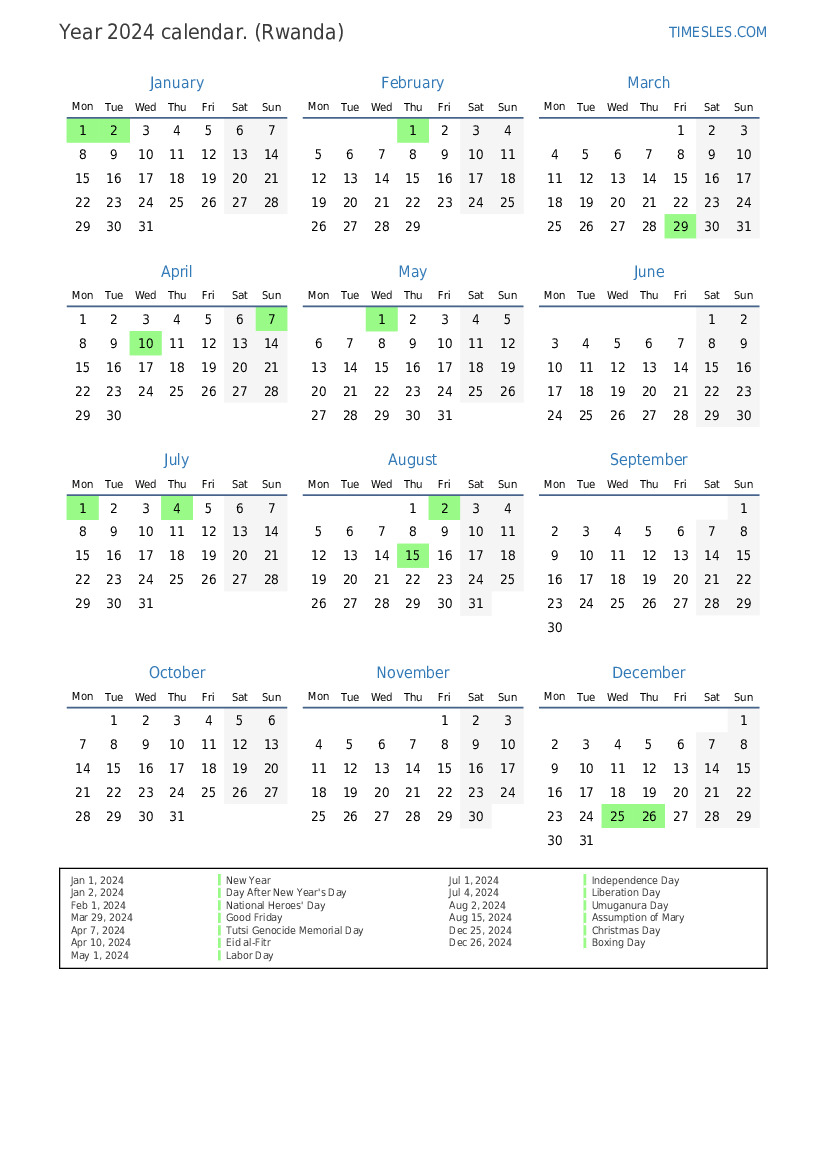 Calendar for 2024 with holidays in Rwanda Print and download calendar