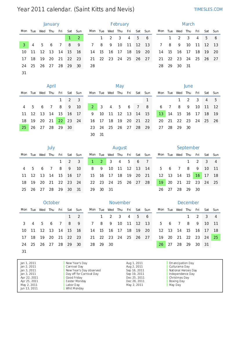 Calendar For 11 With Holidays In Saint Kitts And Nevis Print And Download Calendar