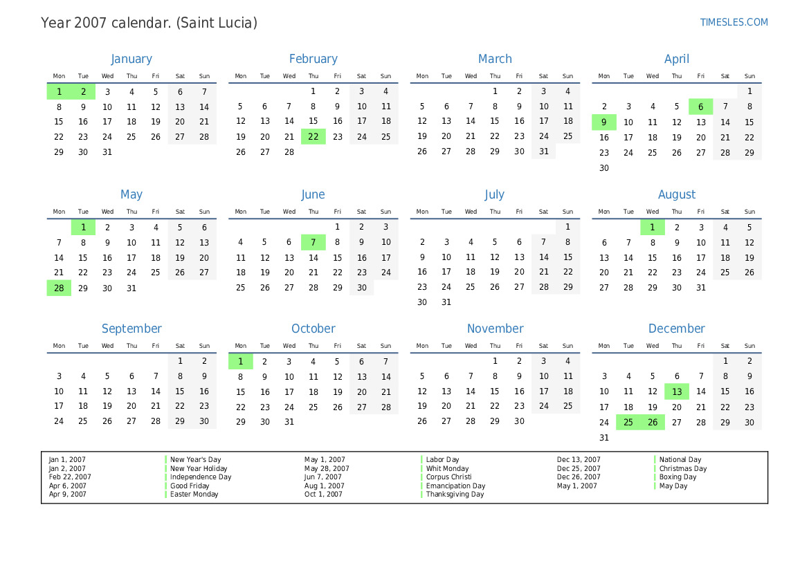 Calendar for 2007 with holidays in Saint Lucia Print and download