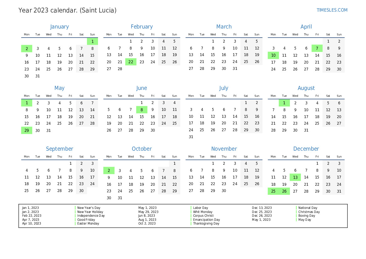 Calendar for 2023 with holidays in Saint Lucia Print and download