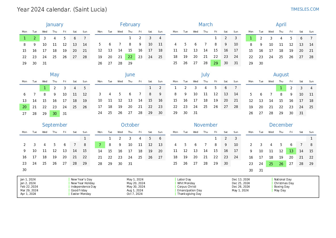 Calendar for 2024 with holidays in Saint Lucia Print and download