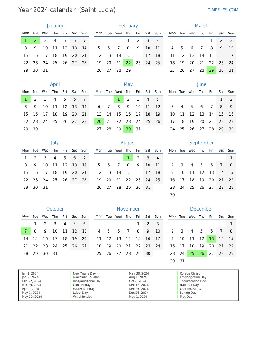 Calendar for 2024 with holidays in Saint Lucia Print and download