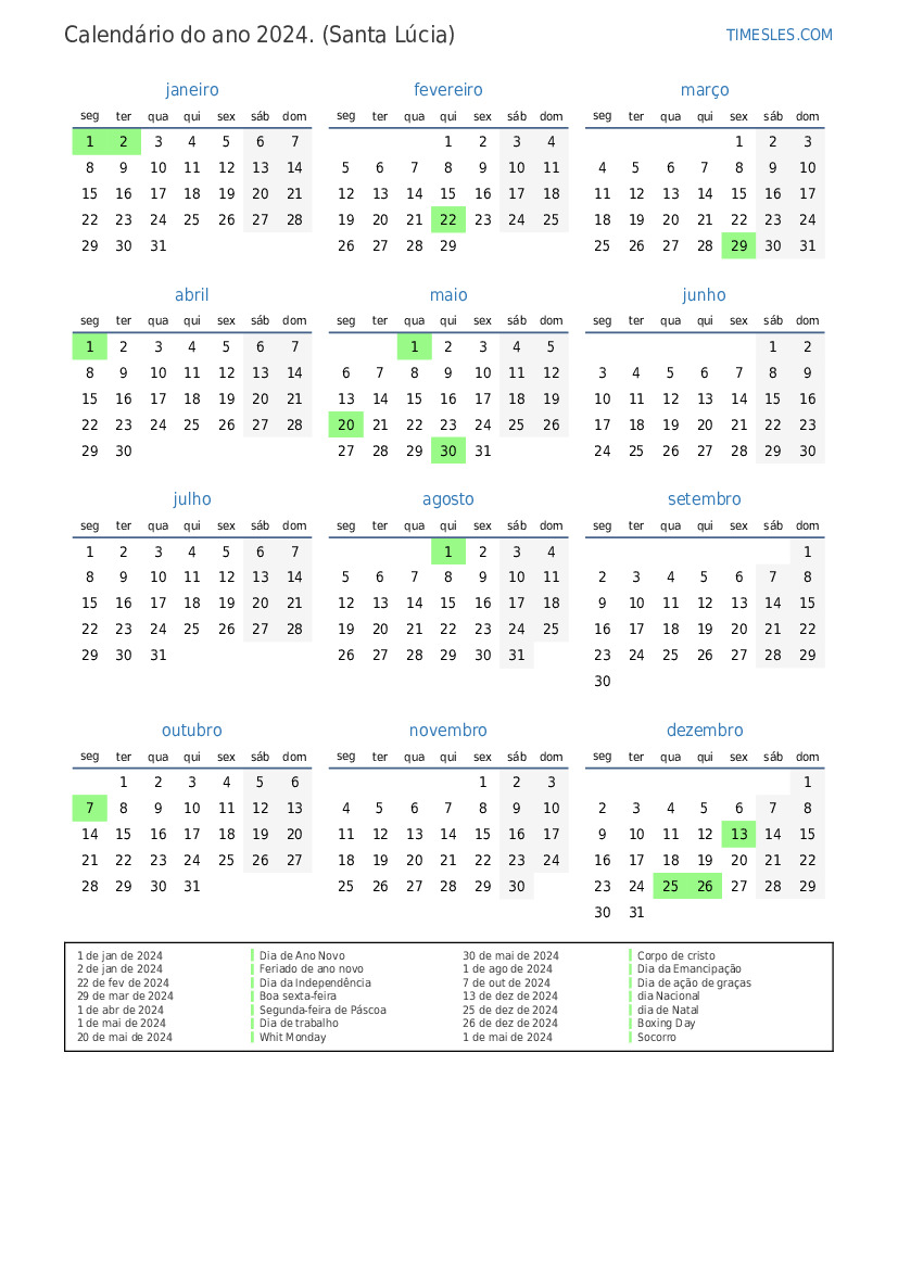 Calendário 2024 com feriados em Santa Lúcia Imprimir e baixar calendário