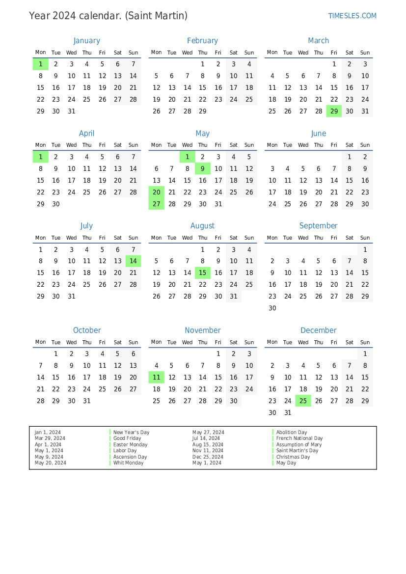 Calendar for 2024 with holidays in Saint Martin Print and download