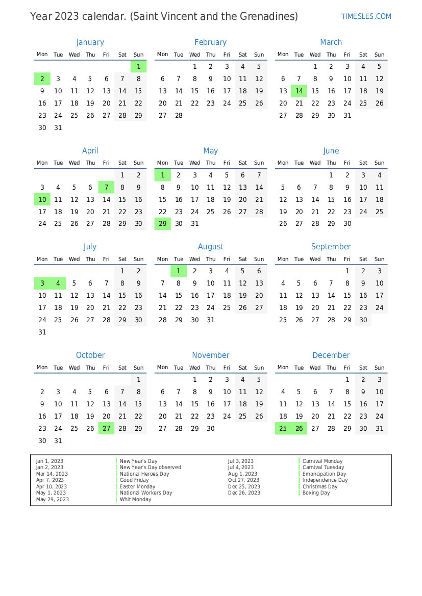 Calendar for 2023 with holidays in Saint Vincent and the Grenadines