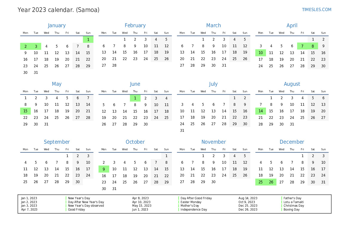 Calendar for 2023 with holidays in Samoa Print and download calendar