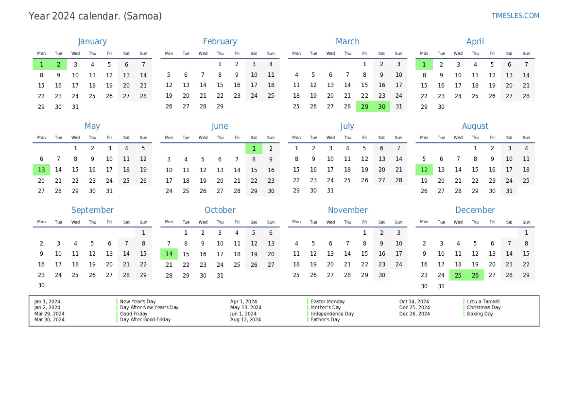 Calendar For 2024 With Holidays In Samoa Print And Download Calendar   Calendar Yearly 2024 L En Samoa 179 