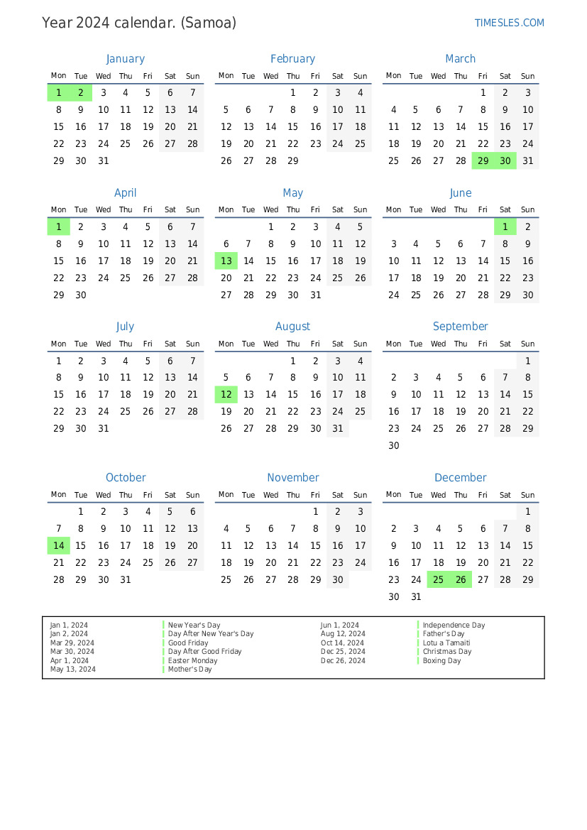 Calendar for 2024 with holidays in Samoa Print and download calendar