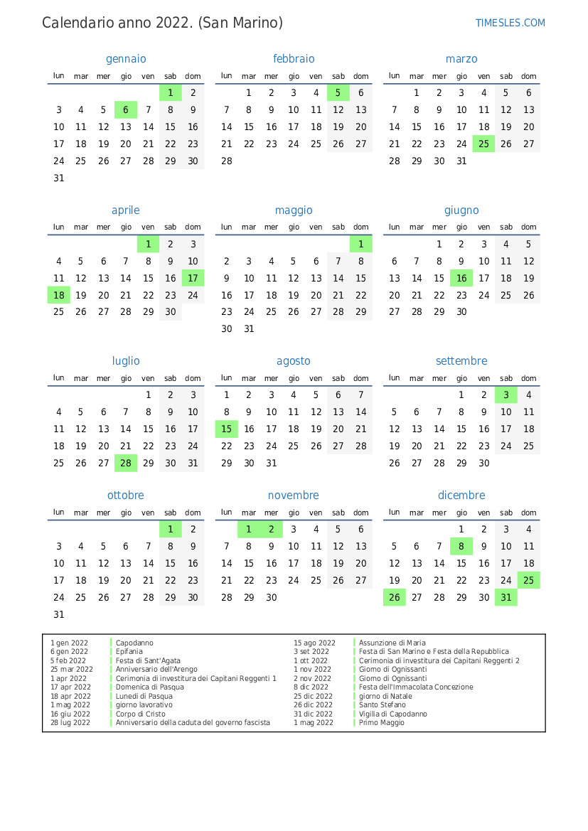 Calendario Festività Anno 2022 2023