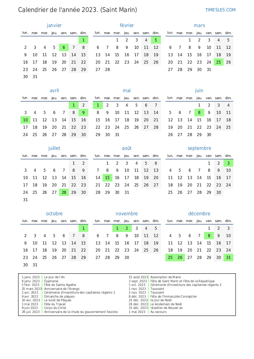 Calendrier Saint 2023 Calendrier 2023 Avec Jours Fériés À Saint-Marin | Imprimer Et Télécharger  Le Calendrier