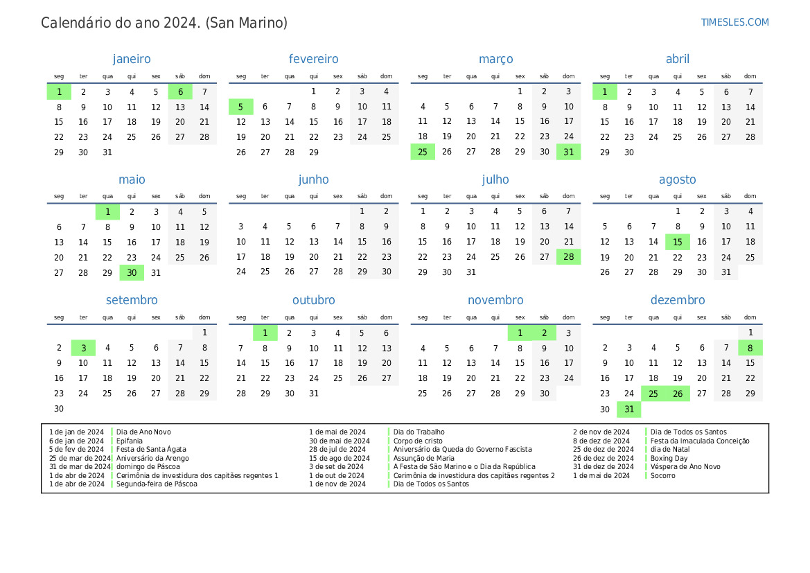 Calendário 2024 com feriados em San Marino Imprimir e baixar calendário