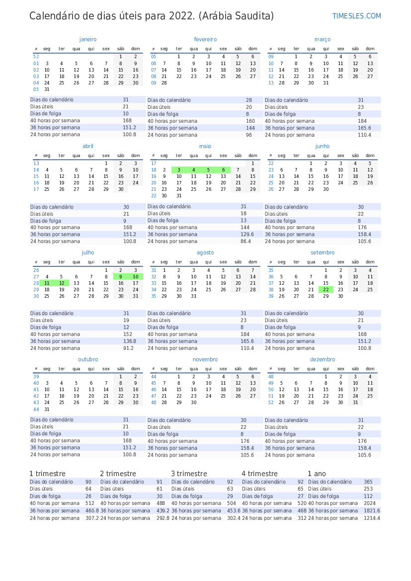 Calendário de dias úteis para 2022 com feriados na Arábia Saudita