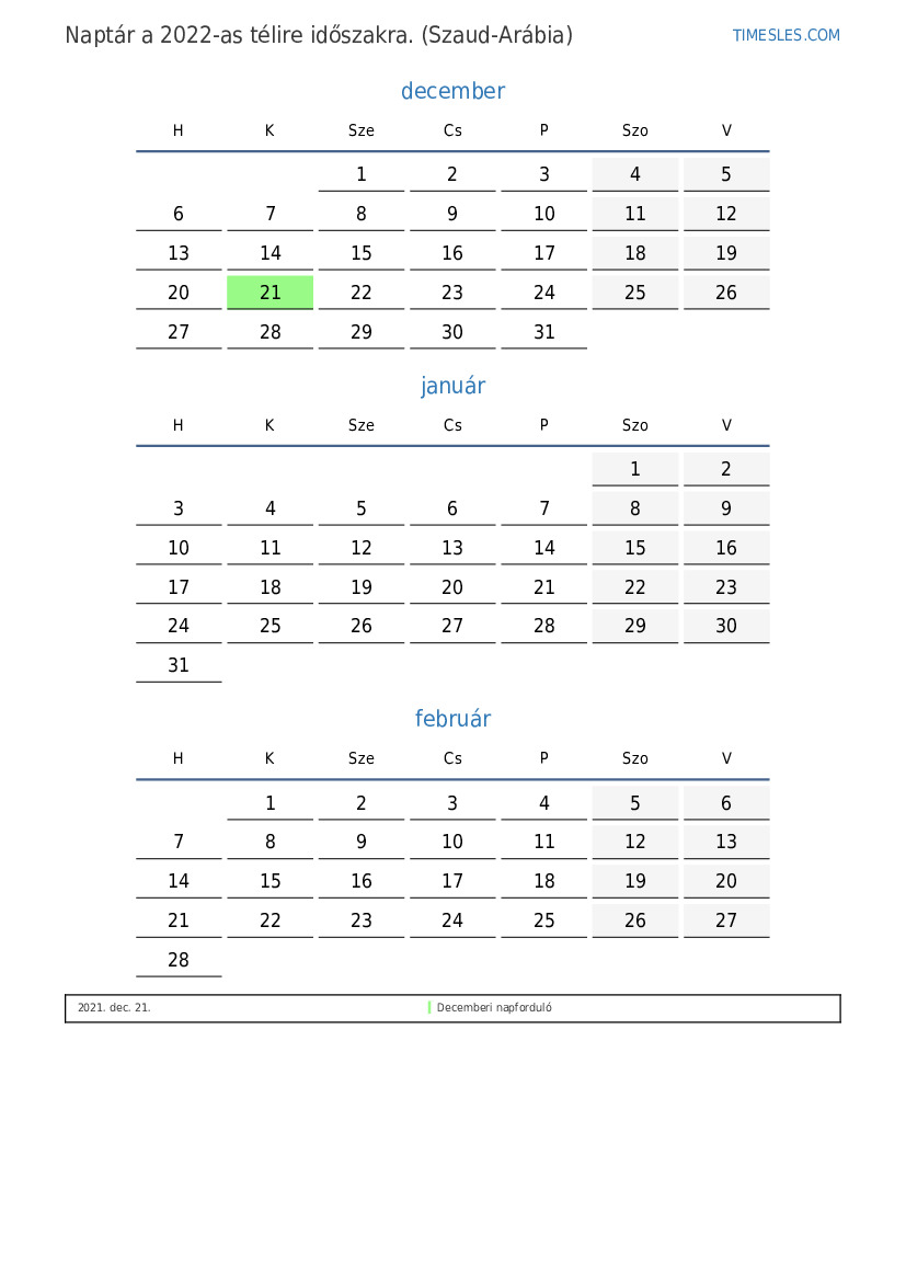 2022. évi naptár Szaúd-Arábiában ünnepekkel | Naptár nyomtatása és