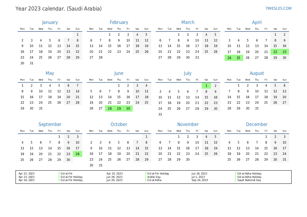 30 Printable Calendar 2023 For Saudi Arabia Pdf 2023 Calendar