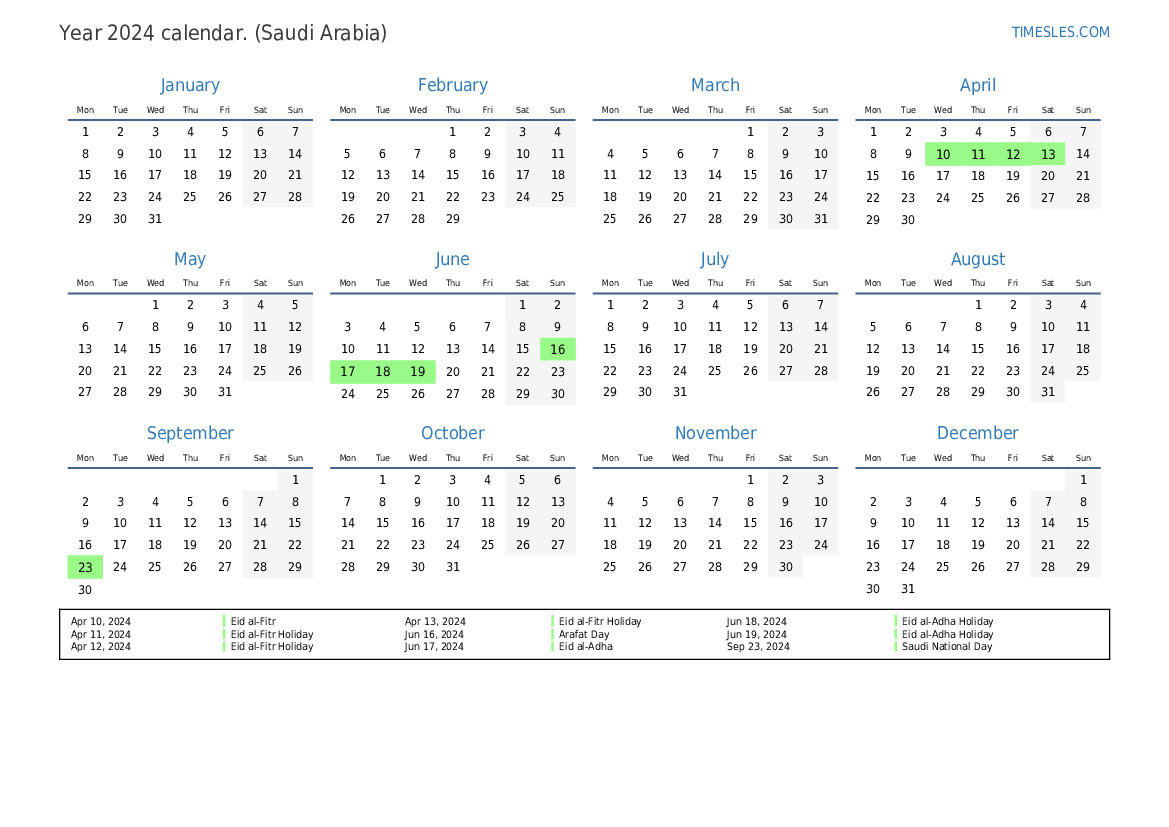 Calendar for 2024 with holidays in Saudi Arabia Print and download