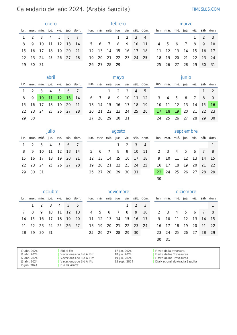 Calendario 2024 con días festivos en Arabia Saudita Imprimir y