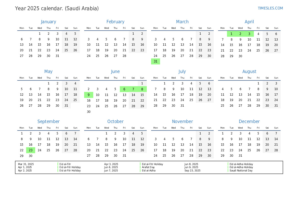 Calendar for 2025 with holidays in Saudi Arabia Print and download