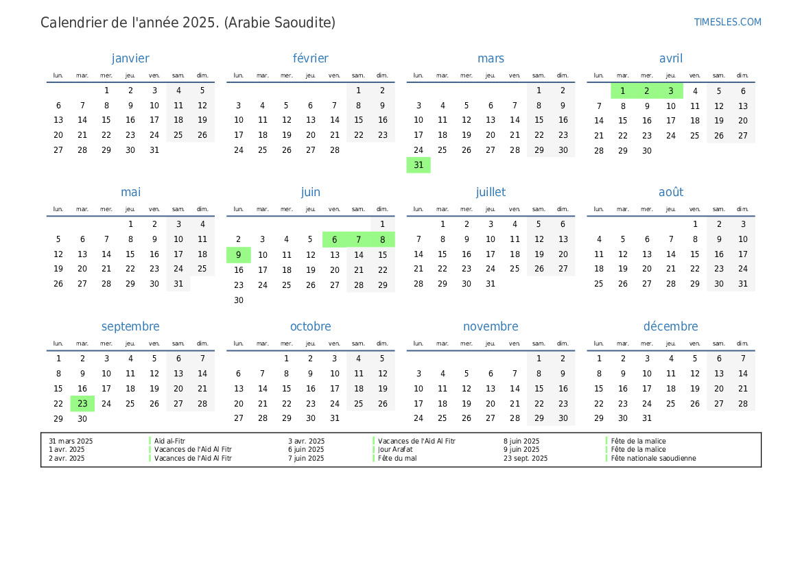 Calendrier 2025 avec jours fériés en Arabie Saoudite  Imprimer et télécharger le calendrier