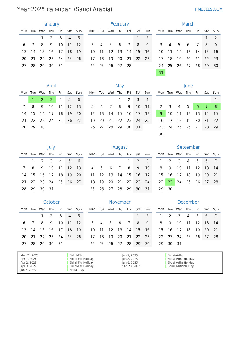 Calendar for 2025 with holidays in Saudi Arabia Print and download