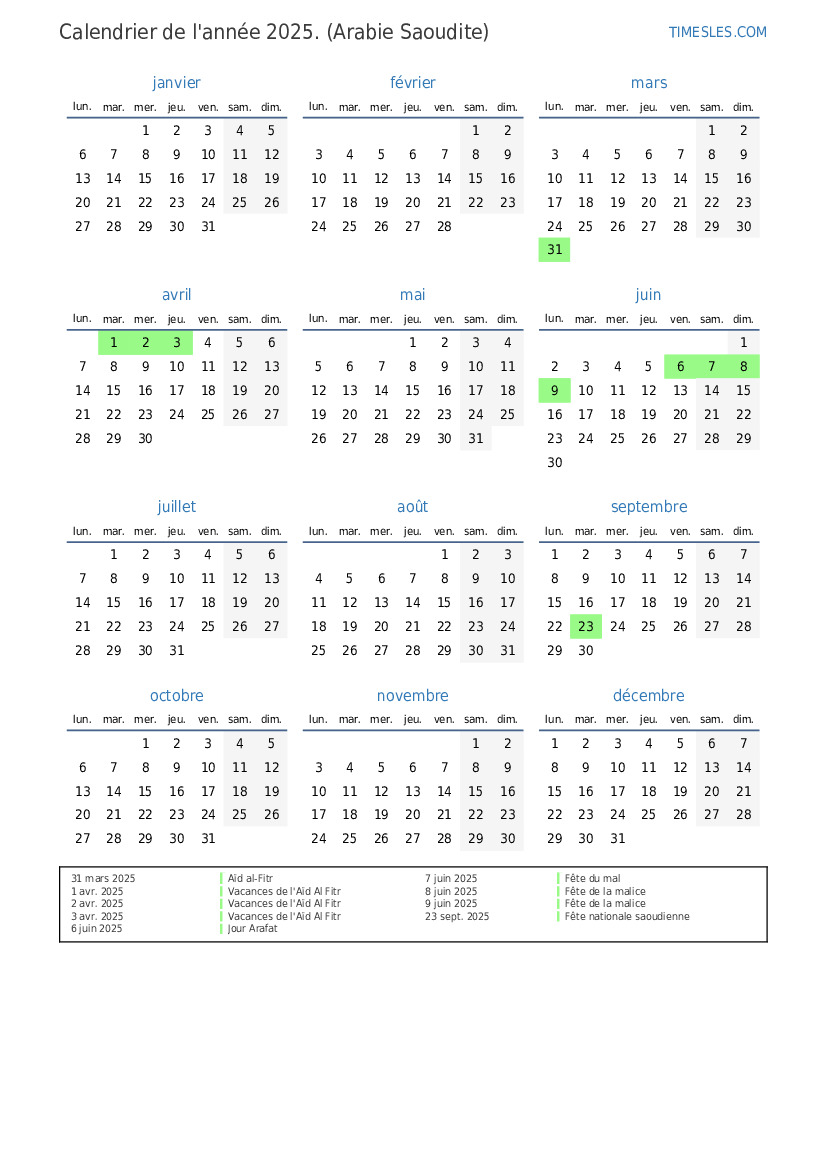 Calendrier 2025 avec jours fériés en Arabie Saoudite  Imprimer et télécharger le calendrier