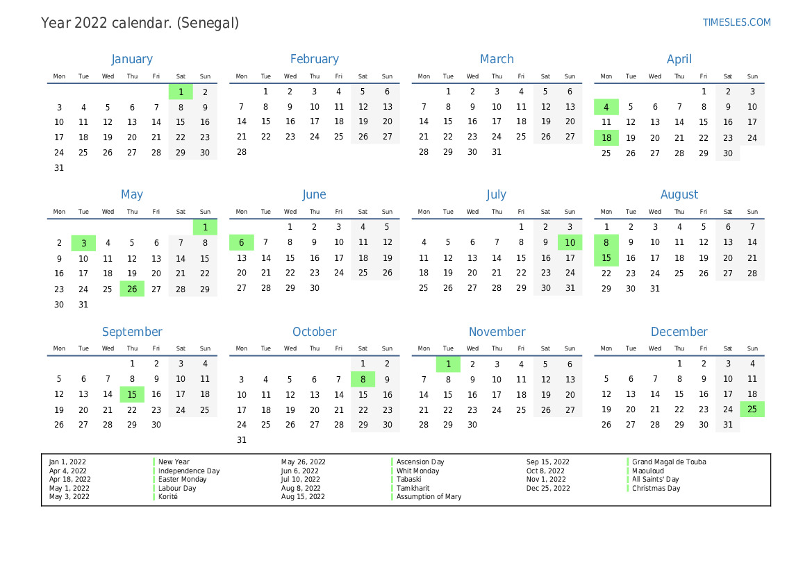 Calendar For 2022 With Holidays In Senegal 