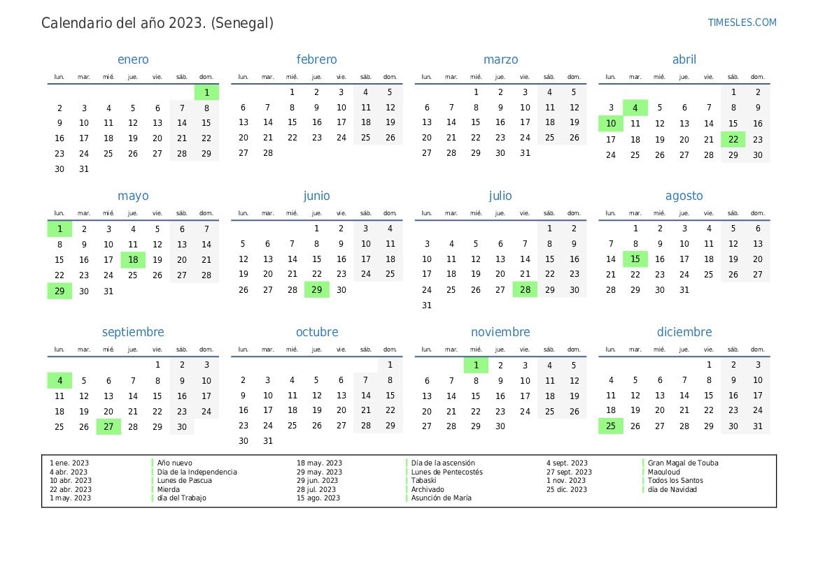 Calendario 2023 con días festivos en Senegal Imprimir y descargar