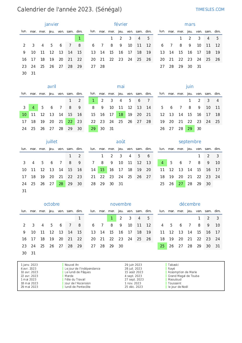 Calendrier 2023 avec jours fériés au Sénégal | Imprimer et télécharger