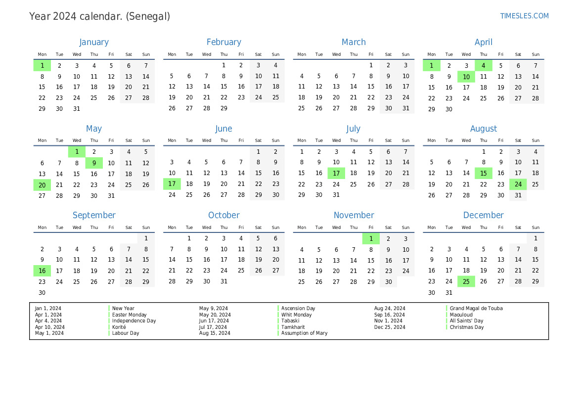 Calendar for 2024 with holidays in Senegal Print and download calendar