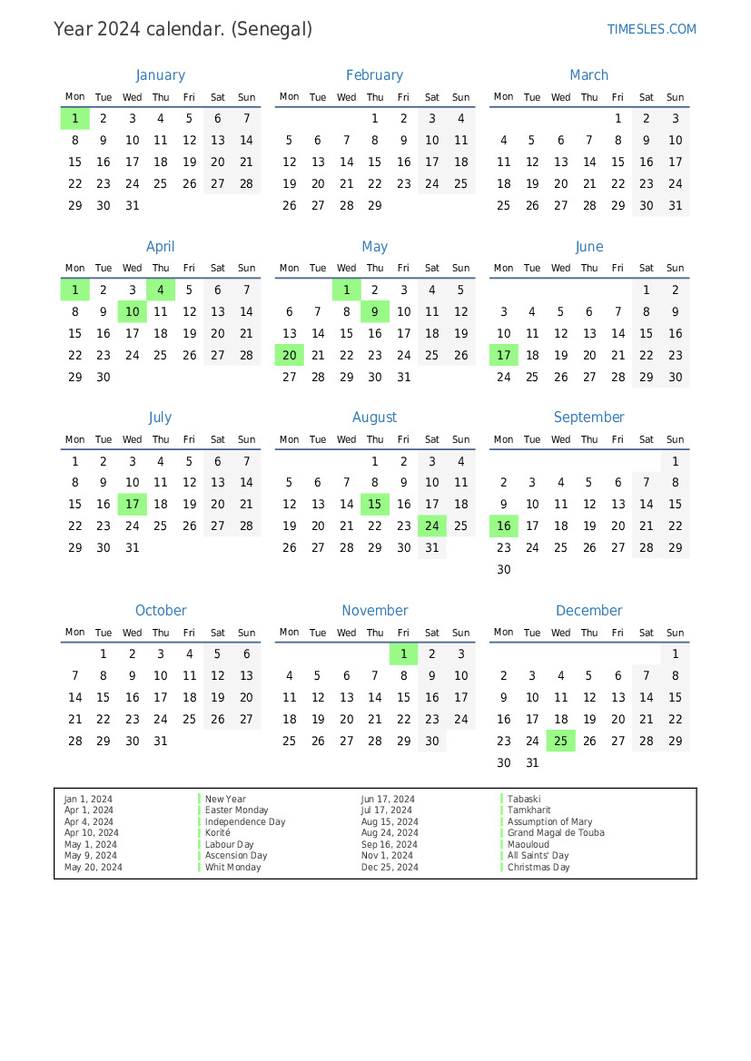 Calendar for 2024 with holidays in Senegal Print and download calendar