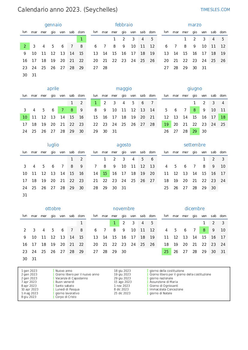 Calendario per il 2023 con giorni festivi alle Seychelles Stampa e scarica il calendario Calendario per il 2023 con giorni festivi alle Seychelles Stampa e scarica il calendario
