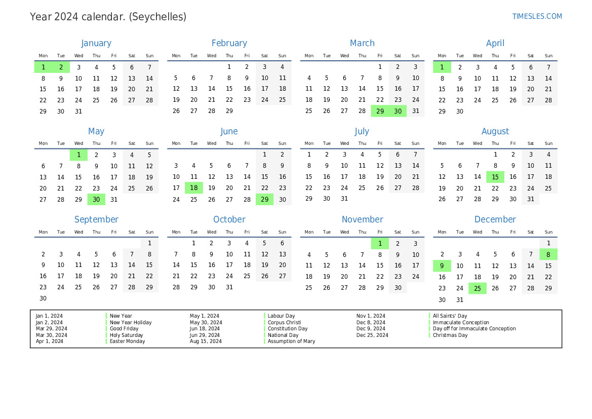 Calendar for 2024 with holidays in Seychelles Print and download calendar
