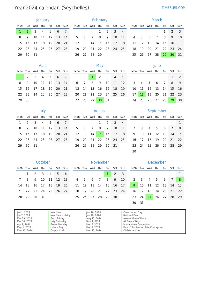 Calendar Yearly 2024 P En Seychelles 185 