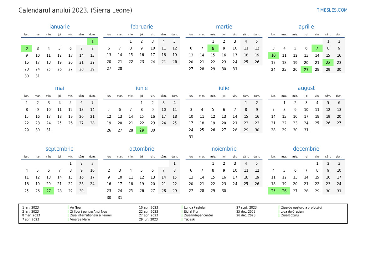 Calendar pentru anul 2023 cu sărbători în Sierra Leone Imprimați și