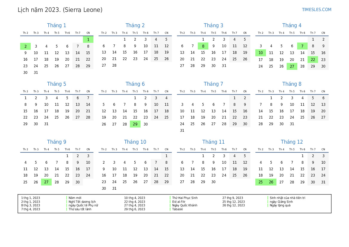 Lịch cho năm 2023 với các ngày lễ ở Sierra Leone In và tải xuống lịch