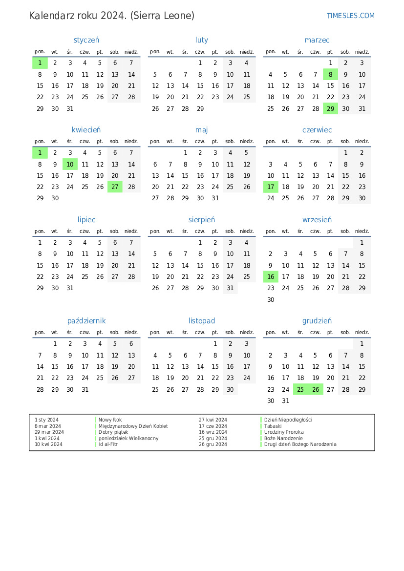 Kalendarz na 2024 rok z wakacjami w Sierra Leone Wydrukuj i pobierz