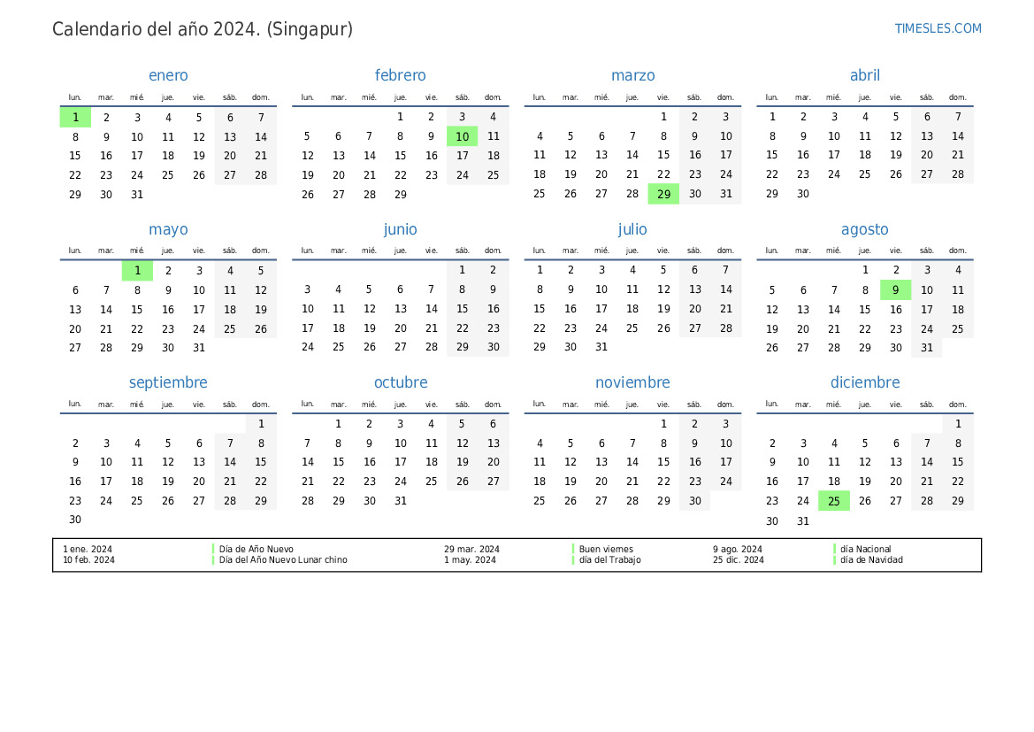 Calendario 2024 con días festivos En Singapur Imprimir y descargar