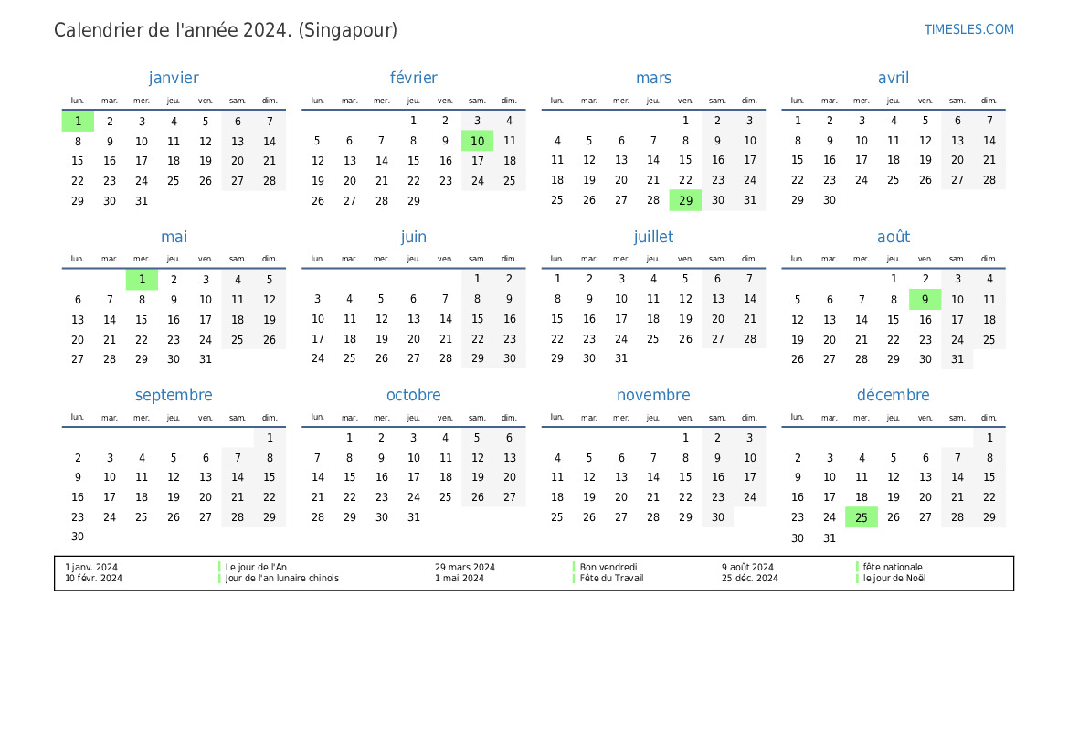 Calendrier 2025 avec jours fériés à Singapour Imprimer et télécharger le calendrier