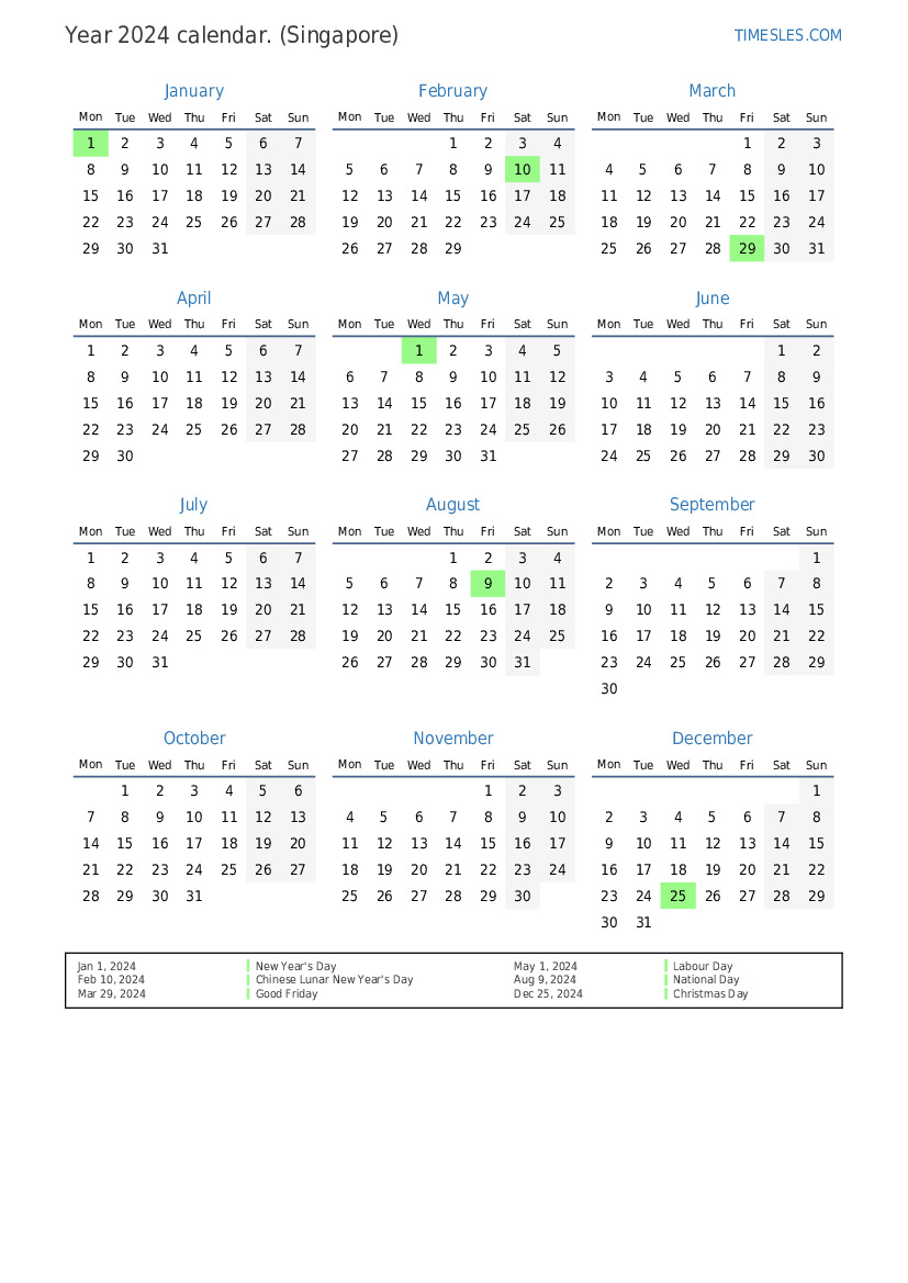 Calendar for 2024 with holidays in Singapore Print and download calendar