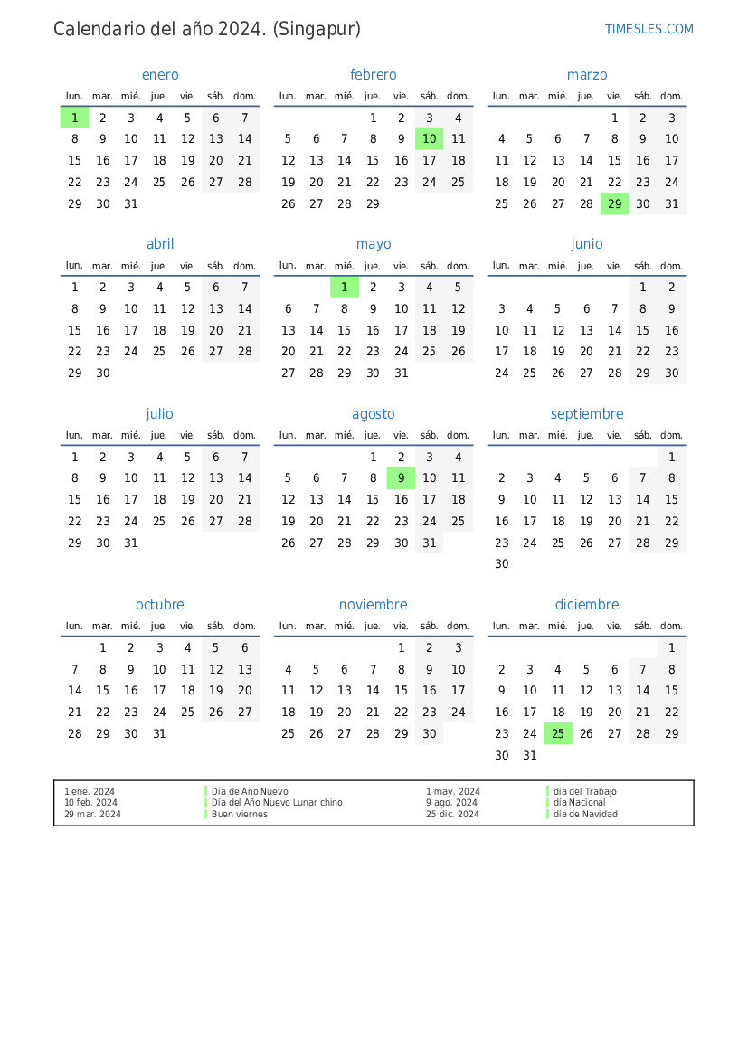 Calendario 2024 con días festivos En Singapur Imprimir y descargar