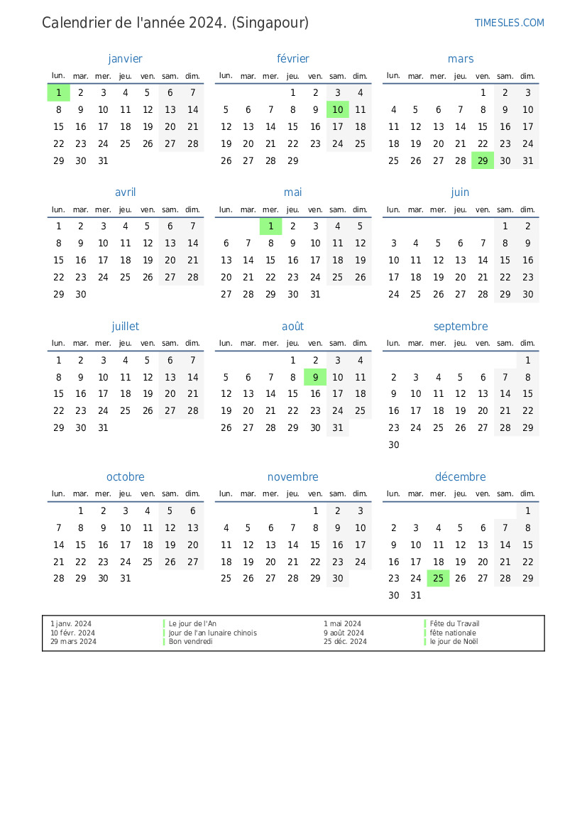 Calendrier 2025 avec jours fériés à Singapour Imprimer et télécharger le calendrier